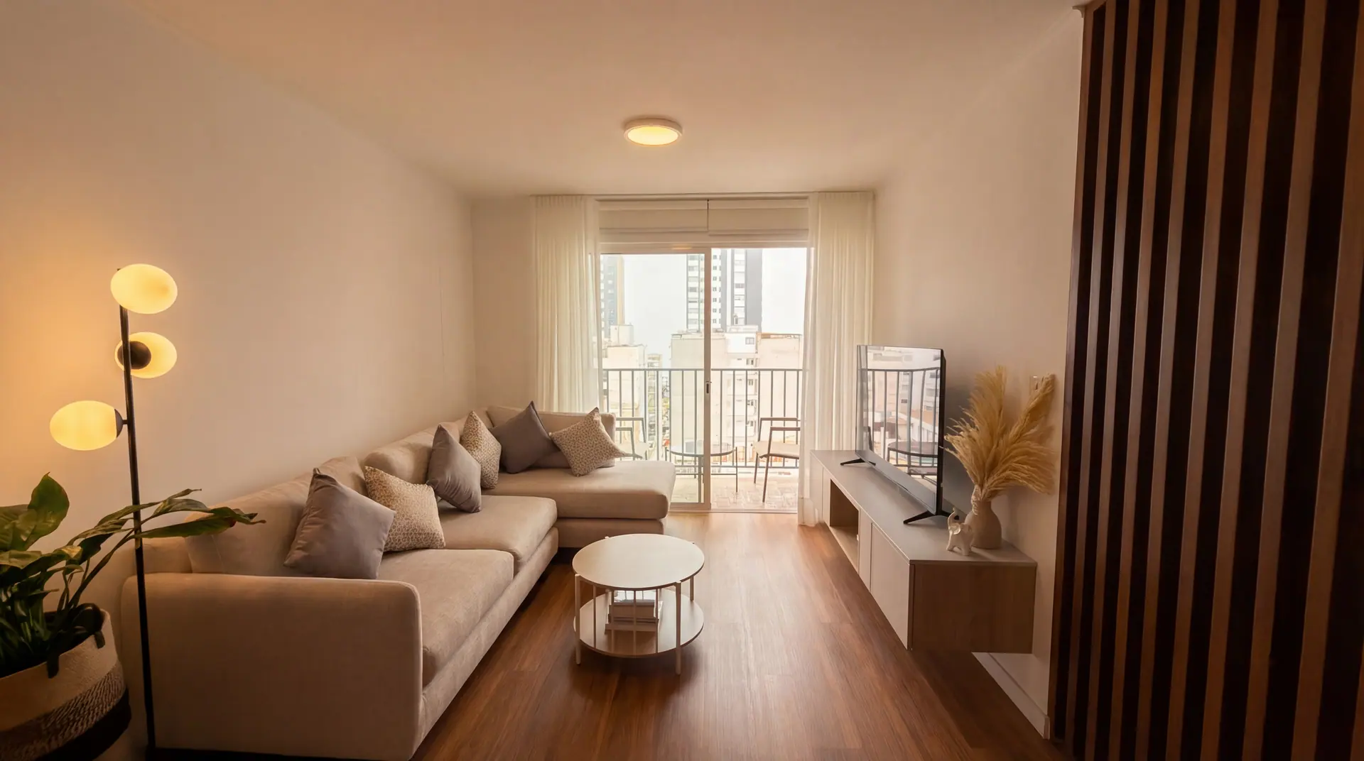 Sala de un departamento de dos dormitorios administrado por Maison Nova en Lima