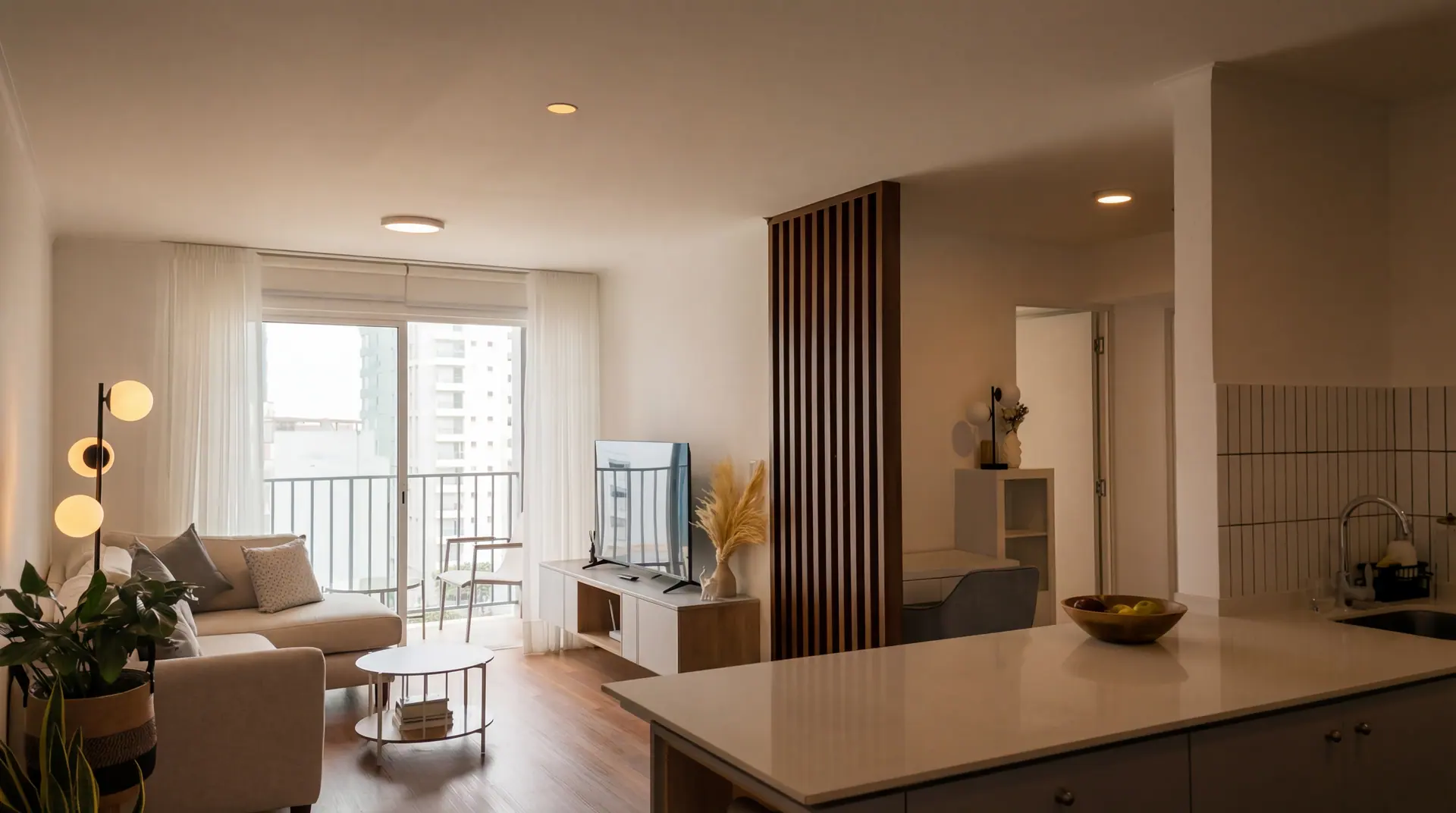 Sala comedor con balcón de un departamento administrado por Maison Nova en Lima, con vista a la ciudad